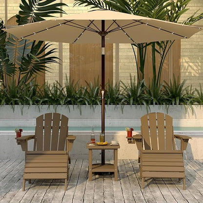 Brown 6-Piece Folding Adirondack Chair Set with Cup Holders, Ottomans, Side Table & Beige 9FT Patio Umbrella with Base, HDPE Outdoor Chairs