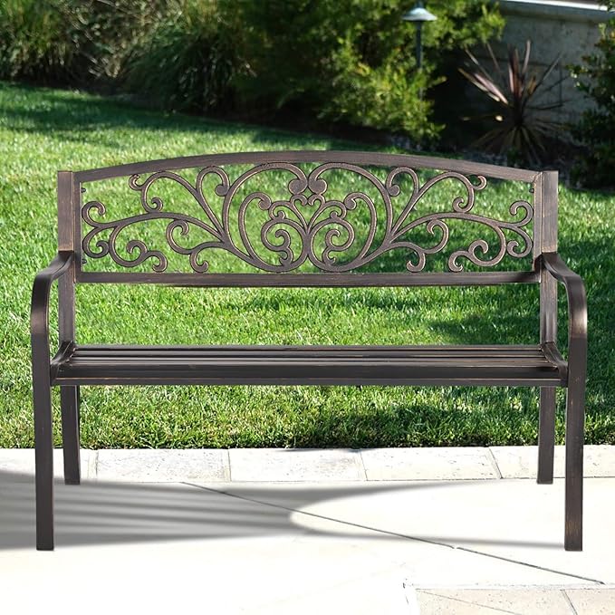Patio Garden Bench Outdoor Metal Bench Park Yard Furniture Cast Iron Loveseats with Armrests for Porch Backyard Lawn Deck