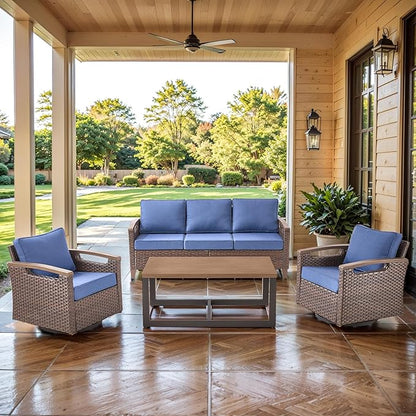 Luxury 4 Piece Heavy Duty Patio Furniture Set with Swivel Chairs - All Weather Wicker Comfort Thick Cushion Outdoor Conversation Set with Sofa & Coffee Table for Porch Poolside Deck - Blue
