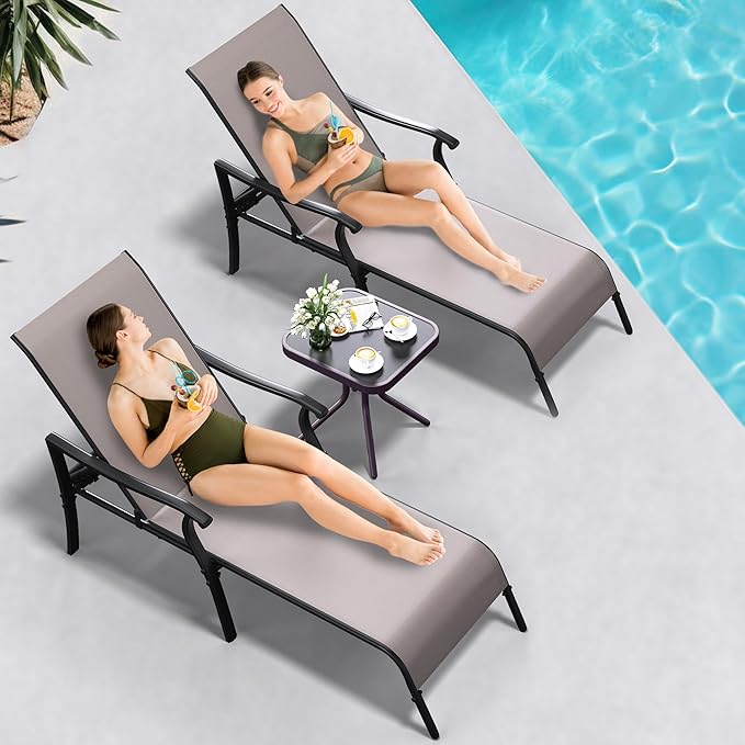 YITAHOME Outdoor Chaise Lounge Chair Set of 3,Patio Lounge Chair with Side Table and 5 Adjustable Positions, Textile Pool Chaise Lounger for Outdoor, Patio, Beach, Yard (Brown)