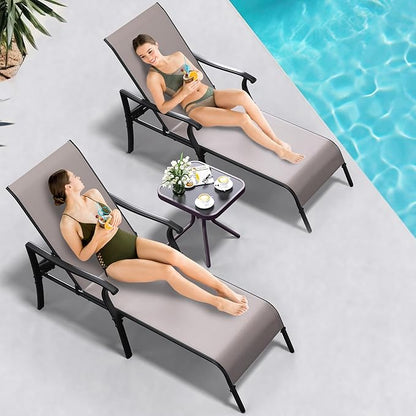 YITAHOME Outdoor Chaise Lounge Chair Set of 3,Patio Lounge Chair with Side Table and 5 Adjustable Positions, Textile Pool Chaise Lounger for Outdoor, Patio, Beach, Yard (Brown)