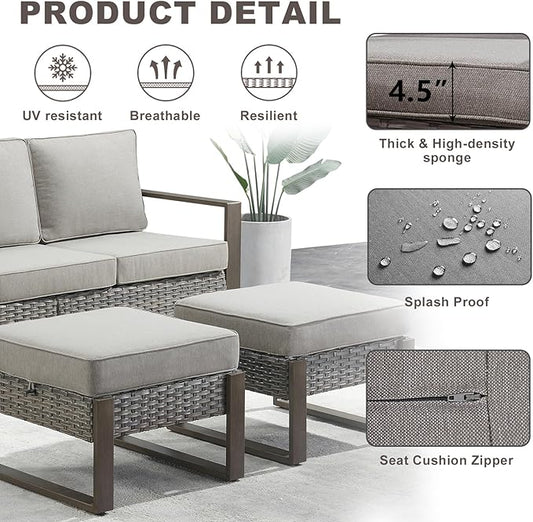 Rilyson Outdoor Ottoman Wicker Patio Footrest - 2 Piece Wicker Footrest Footstools Set with Sturdy Frame,All-Weather PE Wicker, Thick Cushions for Deck Porch Garden(Mixed Grey/Grey)