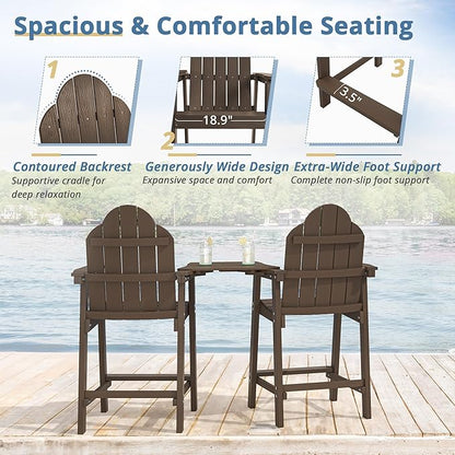 LUE BONA Tall Adirondack Chair Set of 2, All Weather HDPS Bar Height Adirondack Chair with Detachable Table & Umbrella Hole, Adirondack Barstools for Patio, Deck, Backyard & Commercial Use Dark Brown