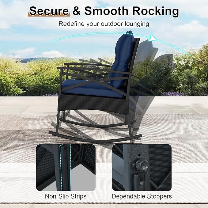 Tangkula 3 Pieces Outdoor Rocking Chairs Set, Rattan Heavy Duty Cushioned Rocker Chairs with 2-Tier Tempered Glass Coffee Table, for Garden, Balcony, Backyard (Black+Navy)