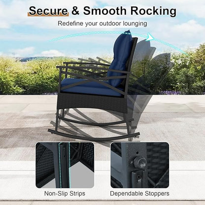 Tangkula 3 Pieces Outdoor Rocking Chairs Set, Rattan Heavy Duty Cushioned Rocker Chairs with 2-Tier Tempered Glass Coffee Table, for Garden, Balcony, Backyard (Black+Navy)