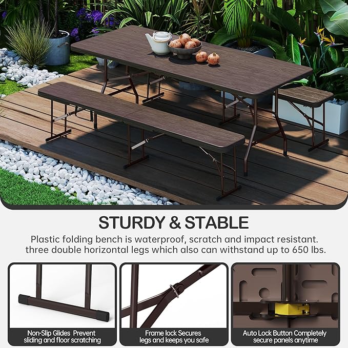 6 Foot Folding Bench, Portable Plastic Folding Bench Seat, Foldable Seat for Indoor Outdoor Picnic Camping Dining, Soccer Garden Multipurpose Entertaining Activities, Brown, 1 Pack
