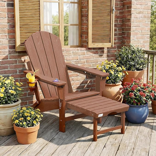 Mdeam Folding Adirondack Chair with 3-Level Adjustable Backrest, Weather-Resistant, 2 Cup Holders, Retractable Ottoman, Perfect for Patio, Garden, Backyard, Lawn, and Outdoor Use (Teak)