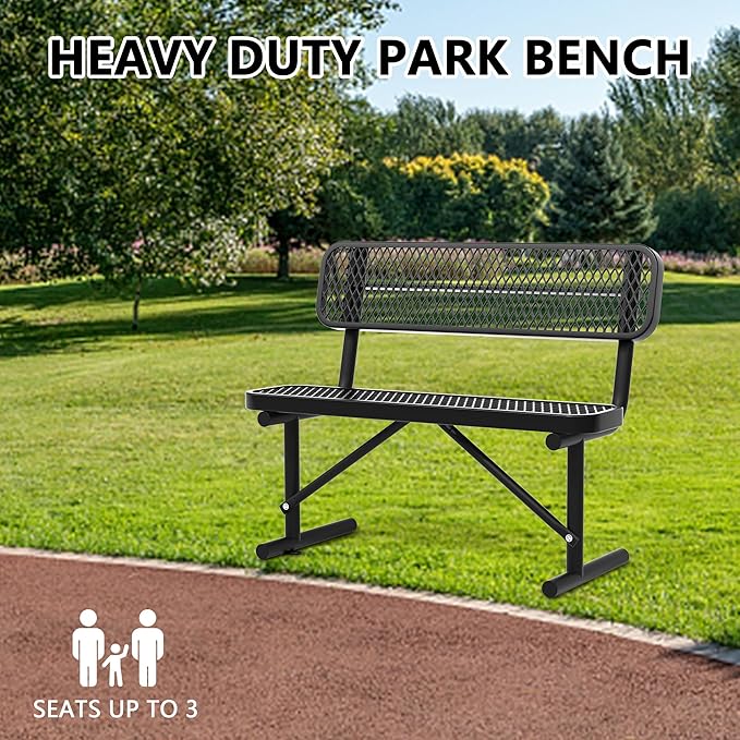 48" Metal Park Benches for Outside - Black Outdoor Benches Heavy Duty Garden Weatherproof Bench with Backrest, Buddy Bench for Schools,Commercial Benches for Shopping Mall, Store, Yard, Patio