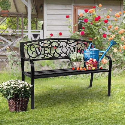 VINGLI Outdoor Bench with PVC Welcome Back Pattern, Rust-Resistant Metal Black Garden Bench, Porch Steel Bench for Patio, Porch, Park, Lawn Decor