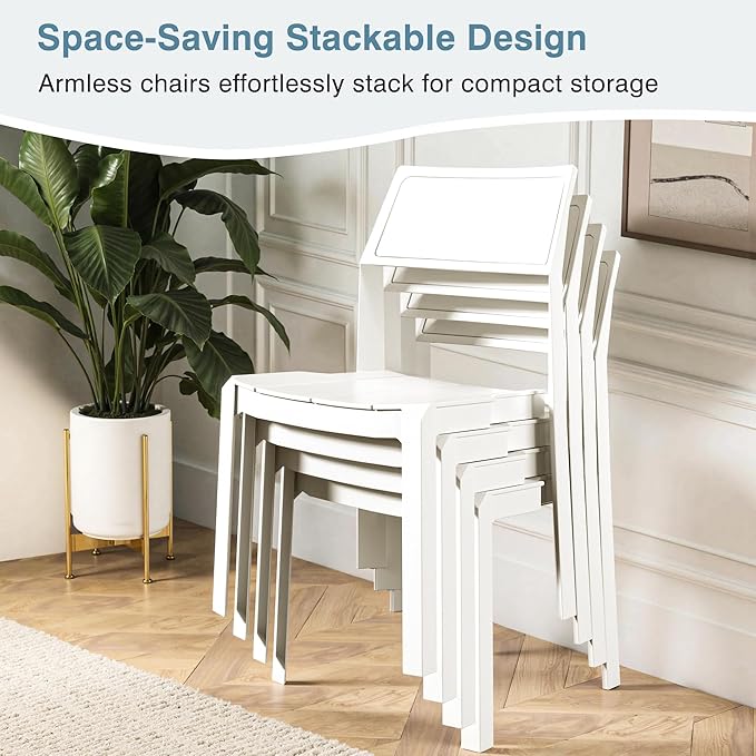 VECELO 4 Pack Stackable Dining Chairs, Plastic Patio Chairs for Indoor Outdoor Use in Kitchen, Poolside, No Assembly, Modern White