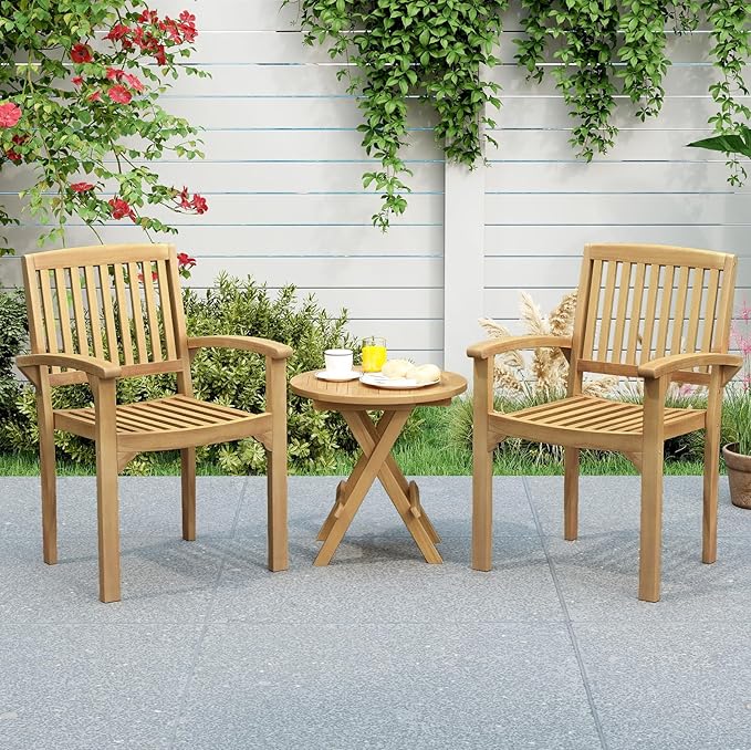 Tangkula Outdoor Patio Wood Dining Chair, Teak Wood Armchair with Slatted Seat & Curved Seat, Ergonomic Armrests, Solid Wooden Legs, for Balcony, Poolside, Porch, Yard (2)