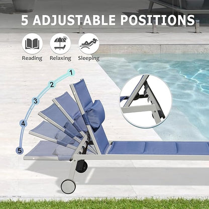 Domi Outdoor Patio Chaise Lounge Set of 3, Aluminum Pool Lounge Chairs with Side Table and Wheels, Textilene Padded Adjustable Recliner All Weather for Poolside, Beach, Yard, Balcony (Navy Blue)