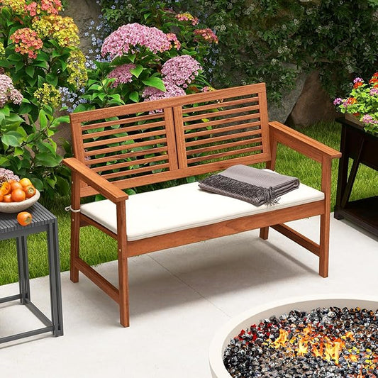 HAPPYGRILL Outdoor Wood Bench Patio Solid Wood Loveseat with Comfortable Backrest & Cushions, Breathable Slatted Seat, Outside Loveseat Chair for Balcony Porch Garden