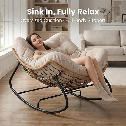 SWITTE Outdoor Rocking Chair, Oversized Patio Papasan Rocker, Comfy Wicker Reading Lounge, Indoor Egg Chair for Bedroom, Living Room, Porch, Garden, Lawn-Cream