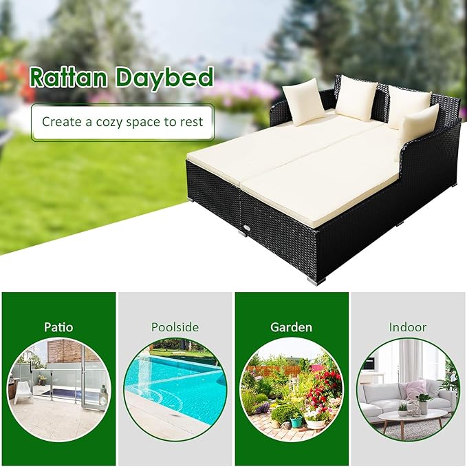 COSTWAY Outdoor Patio Rattan Daybed, Sponge Cushioned Loveseat Sofa with 4 Pillows, Wicker Furniture Sunbed for Balcony - Photo 9