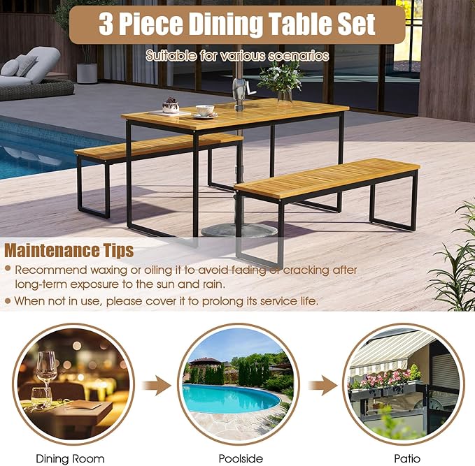 HAPPYGRILL Acacia Wood Patio Dining Bench Set of 2, Outdoor Bench with U-Shaped Metal Legs, Adjustable Foot Pads, 800 LBS Farmhouse Bistro Bench for Dining Room, Garden, Poolside