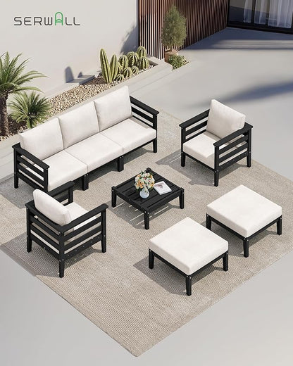 SERWALL HDPE Outdoor Furniture Set, 4 Pieces Patio Sectional Sofa Set, All-Weather Wood-Like Outdoor Sofa with Coffee Table for Deck, Garden, Black Frame with Khaki Cushion