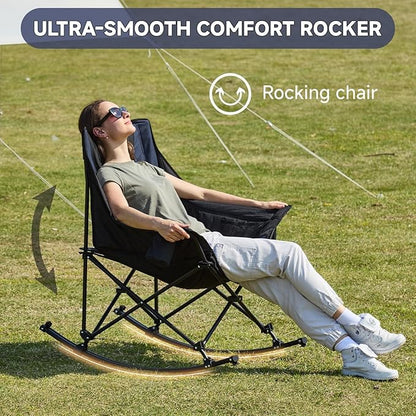 Oversized Folding Rocking Camping Chair, Padded Portable Rocking Chair with Pockets, Cup Holder and Carry Bag, Heavy Duty Outdoor Rocker Patio Chair for Garden, Lawn, Up to 400lbs, Navy Blue