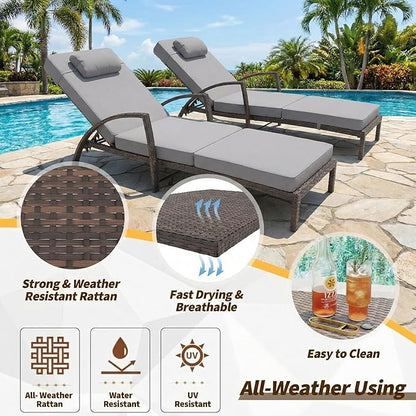 GarveeHome Outdoor Chaise Lounge Set of 2, Weather-Resistant PE Rattan Recliners with 5 Adjustable Positions, Wheels, Armrests, Cushions & Pillows, Collapsible for Poolside, Deck, Gray Cushion