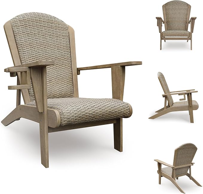 Signature Design by Ashley Bradstreet Bay Casual Outdoor Eucalyptus Wood Padded High Back Adirondack Chair with Handwoven Resin Wicker, Beige