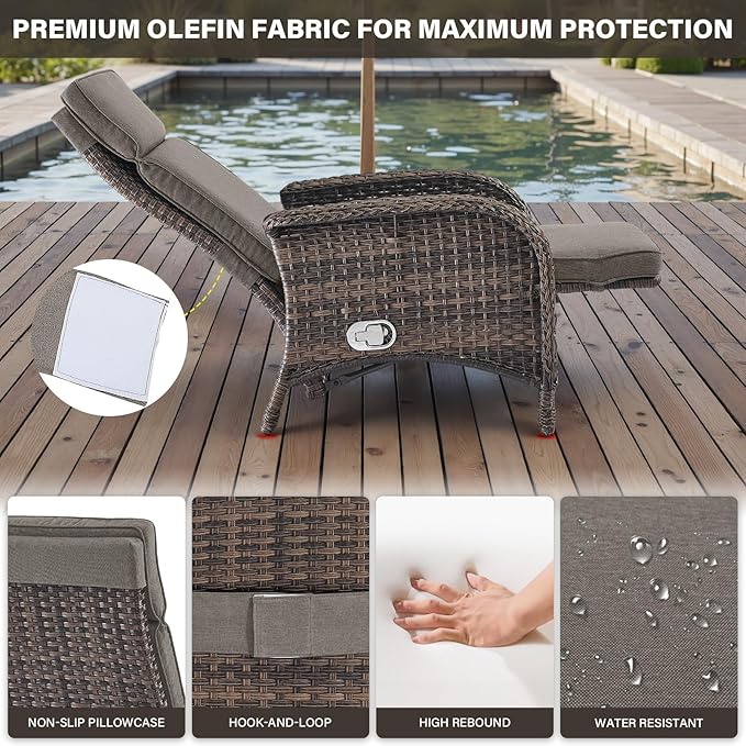 Belord Versatile Outdoor Recliner Chair - Reclining Patio Chair with Adjustable Backrest and Footrest, All-Weather Wicker Chaise Lounge Chair Outdoor for Pool Deck Brown