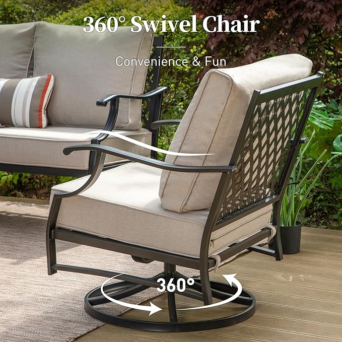 Metal Frame Outdoor Patio Swivel Chairs Set of 2 with 5.75" Extra Thick Cushion, 2 Piece High Back Swivel Patio Chairs Outdoor Furniture Seating for Deck Balcony Front Porch, Beige