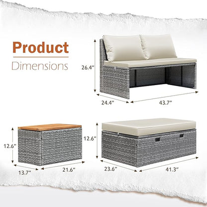 Greesum Patio Furniture Set Multifunctional Outdoor Sectional Sofa Rattan Chaise Lounge Wicker Daybed with Couch, Cushions, Storage Ottoman and 2 Side Tables for Backyard Porch Poolside Lawn, White
