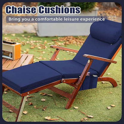 RattanView 2 Pcs Outdoor Chaise Lounge Cushion with Pillow and Side Pockets Waterproof Lounge Chair Cushions for Outdoor Furniture Patio Lounger Pad for Outside Pool Lawn (Navy Blue,72 x 21 x 4)