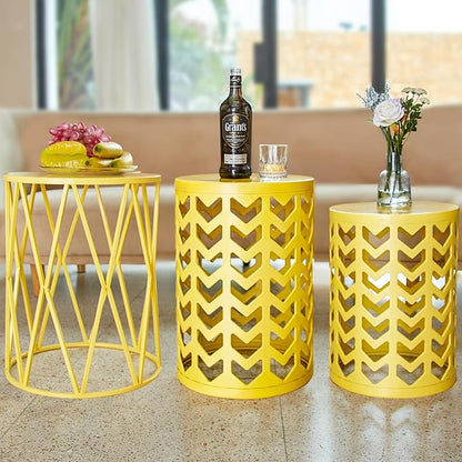 Nesting Side Table Set of 3 Decorative Round Garden Stools for Indoor Outdoor Heavy Duty Metal Frame Side Table Nightstands Modern End Table Plant Stand, Yellow