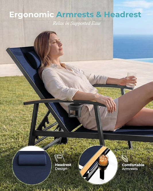 Ciokea Outdoor Lounge Chair with Pillow, 5-Position Aluminum Chaise Lounge with Wheels & Armrests, 400 lbs Heavy Duty Patio Pool Chair for Deck, Backyard, Beach & Poolside, Navy Blue
