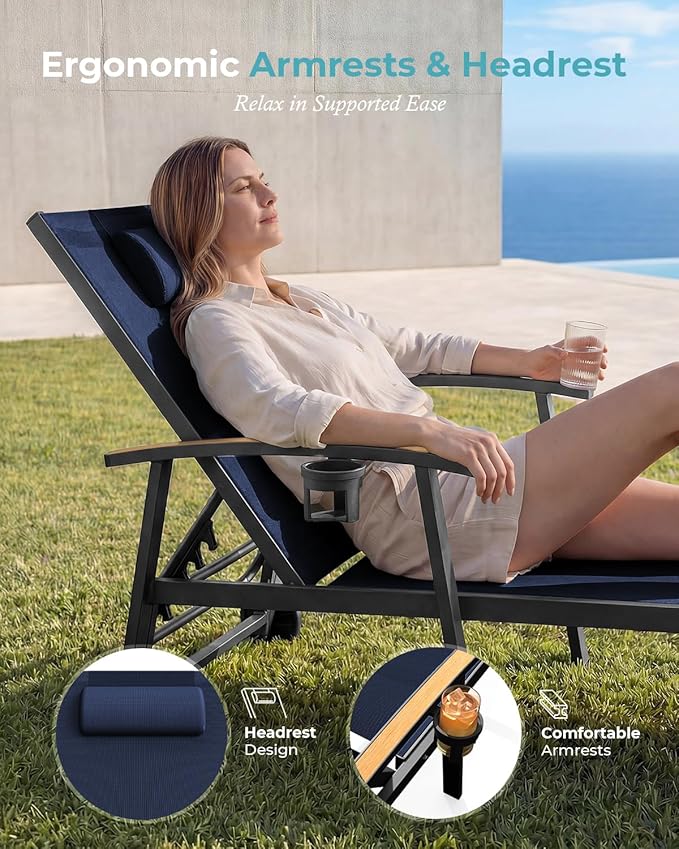 Ciokea Outdoor Lounge Chair with Pillow Set of 4, 5-Position Chaise Lounge with Wheels & Armrests - Photo 3
