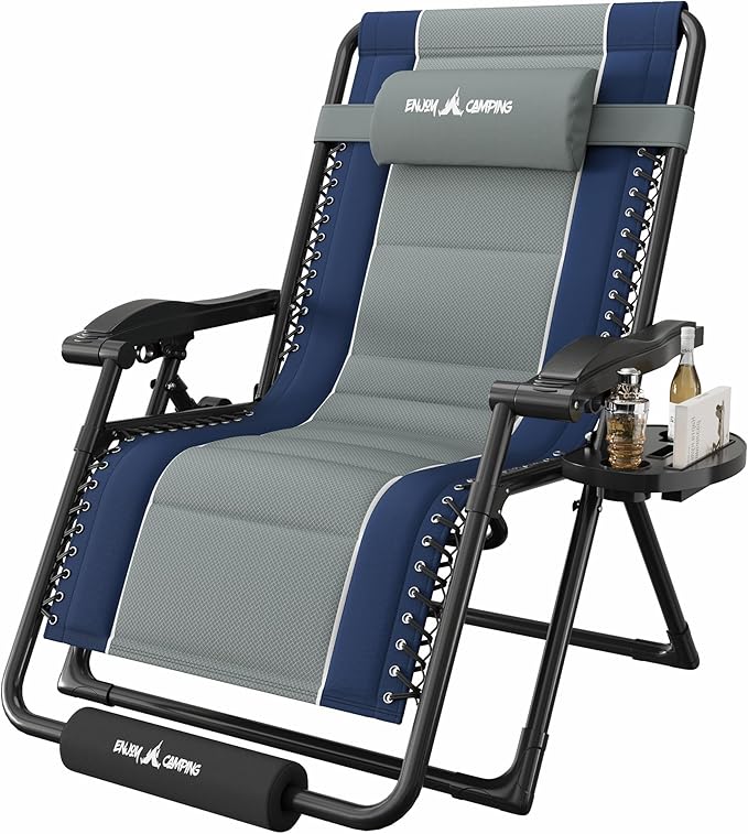 Amopatio Zero Gravity Reclining Patio Chair XXL Foldable Lounge Chair with Removable Cup Holder/Headrest/Footrest 500LBS Capacity Portable for Outdoor Patio Pool Backyard,Blue-Gray