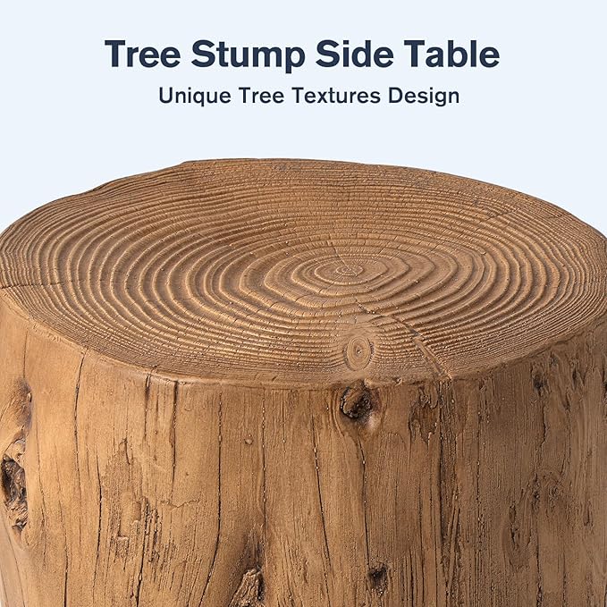 HOMPUS Concrete Outdoor Side Table Set of 2, 2 Piece Tree Stump Modern Round Coffee Table Accent Table Set Plant Stand Faux Wood End Table Garden Stool for Patio,Home Decor, Living Room, Oak