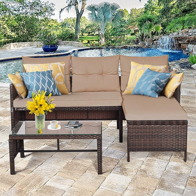 Tangkula Patio Corner Sofa Set 3 Piece, Outdoor Rattan Sofa Set, Includes Lounge Chaise, Loveseat & Coffee Table - Photo 2