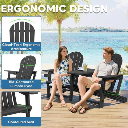 Adirondack Chair Set of 2, All Weather HDPE Adirondack Chair with Double Connecting Trays, Plastic Adirondack Chairs for Balcony, Deck, Patio, Backyard, Garden, Black