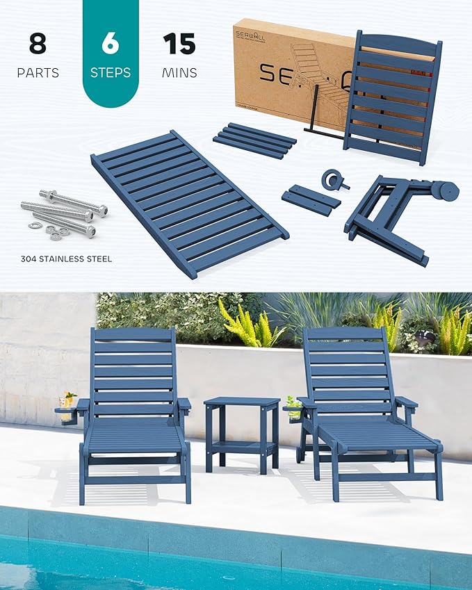 SERWALL Patio Chaise Lounge Chair Set of 4, 5 Positions Adjustable Poly Outdoor Lounger for Pool - Photo 5
