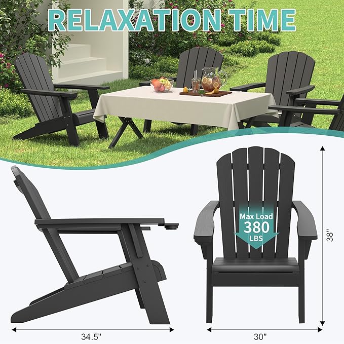 NUNU LAB Oversized Adirondack Chair Set of 6, Black HDPE Outdoor Chairs with Cup Holder, Weather Resistant Patio Lawn Chairs for Garden, Deck, Porch, Fire Pit Seating, Easy Assembly