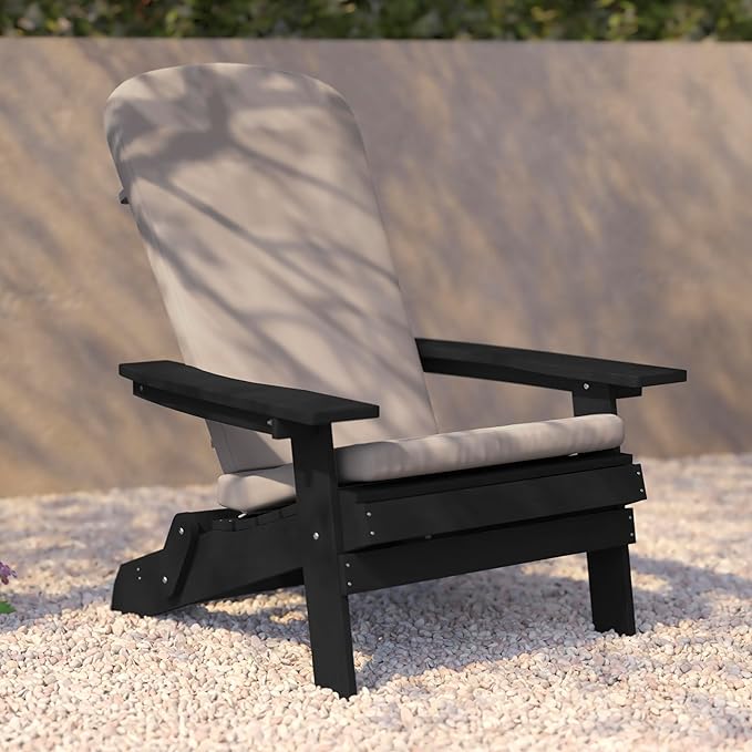 Flash Furniture Charlestown Folding Adirondack Chairs Poly Resin Frame-All-Weather Cushions-Indoor/Outdoor Use, Set of 2, Black/Cream