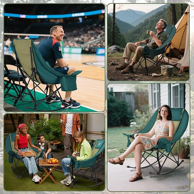 ABORON Oversized Rocking Camping Chair for Adults, Fully Padded Folding Outdoor Lawn Chair with Cooler Bag & Side Pocket, Portable Recliner Chair for Camp, Patio, Backyard, Supports 400 lbs