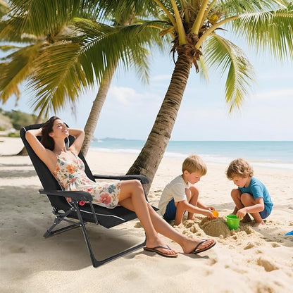 Folding Chaise Lounge Chair for Outdoor – Portable Reclining Camping Chair with Adjustable Backrest, Pillow & Breathable Fabric, Heavy-Duty 330 LBS Capacity, Sun Lounger for Beach, Patio, Garden
