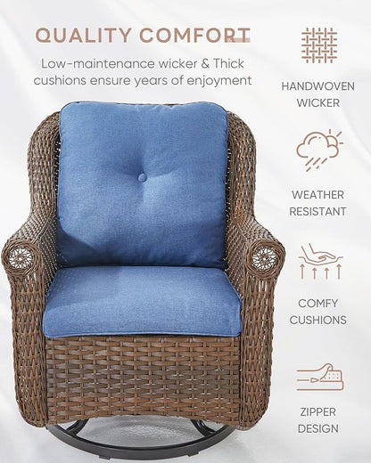 Patio Chairs Outdoor Swivel Glider - Set of 2 High Back Outside Brown Wicker Rattan Rocking Chair with Thick Cushion for Porch Apartment Deck Yard Poolside Garden - Navy Blue