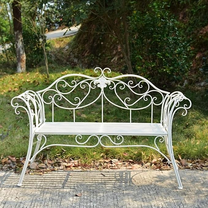 Metal Garden Bench, Country Wrought Iron Double Chair Bench, Villa Garden Courtyard Decoration Leisure Chair, Park Outdoor Bench with Backrest White