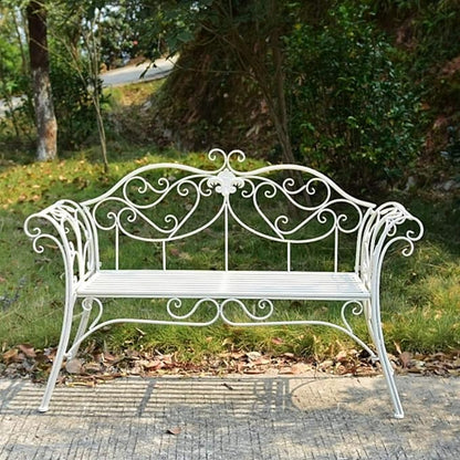 Metal Garden Bench, Country Wrought Iron Double Chair Bench, Villa Garden Courtyard Decoration Leisure Chair, Park Outdoor Bench with Backrest White