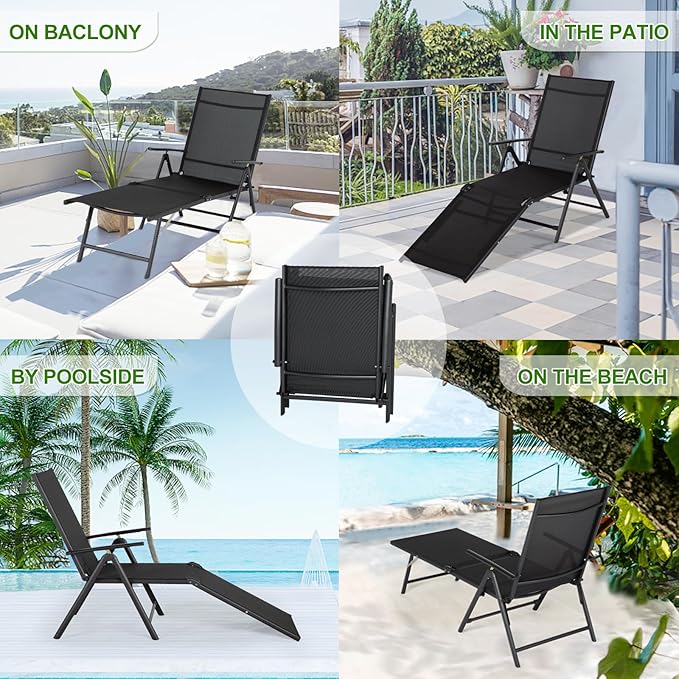 Esright Outdoor Chaise Lounge Set of 2, Adjustable Reclining Folding Pool Lounger for Poolside, Outside/330lb Weight Capacity, Black