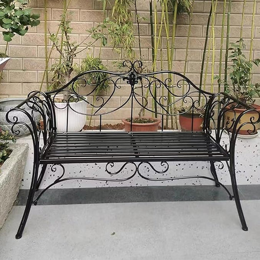 Outdoor 52" Metal Garden Bench, Retro Patio Seating for 2, Comfortable Backrest & Armrests, Ideal for Yard, Porch, Lawn, Backyard - Black Park Bench