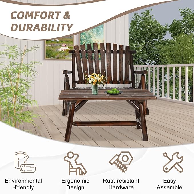 Patio Wooden Rocking Bench, Outdoor Conversation Sets with 2-Seater Adirondack Porch Rocker Loveseat and Coffee Table, Patio Rustic Log Rocker Bench for Deck, Backyard, Garden, Carbonized