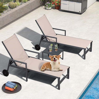 PURPLE LEAF Outdoor Chaise Lounge Set for 2 Aluminum Patio Chaise Lounger Chair with Armrest Adjustable Pool Chaise Lounge Chair for Beach Yard Poolside Table Included, Sand Beige
