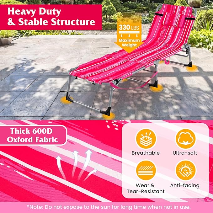 Tangkula Tanning Chair, Outdoor Folding Beach Lounge Chair with Face Hole, Adjustable Footrest, Removable Pillow - Photo 7