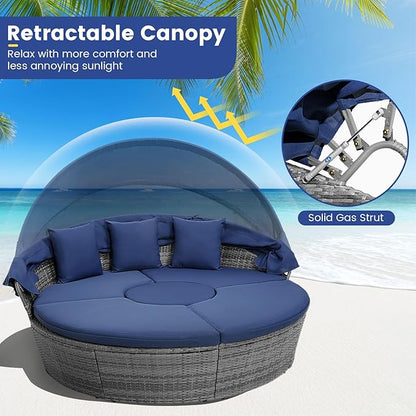RELAX4LIFE Round Outdoor Daybed with Canopy, Rattan Wicker Sectional Sofa Set w/Cushions, Height Adjustable Table, Conversation Bed Lounger Separated Seating for Outside Pool, Patio Daybed (Navy)