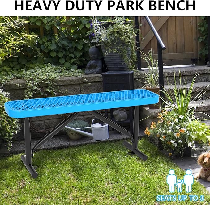 4 Feet Outdoor Steel Bench, Blue Heavy Duty Metal Park Bench for Outside, Weatherproof Dock Bench, 48" L Commercial Benches Mesh Bench for Shopping Mall, Store, Lawn, Park, Patio, Deck, Garden